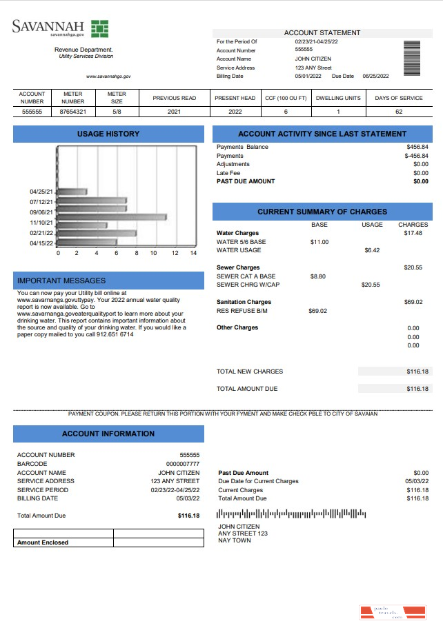 USA Georgia Savannah utility bill template in Word and PDF format